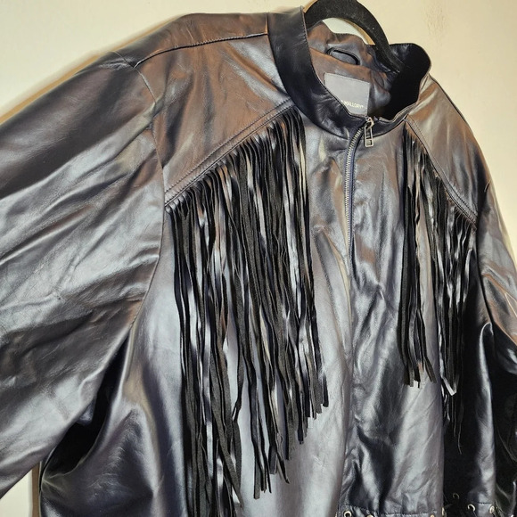 Kate & Mallory Vegan Leather Navy Blue fringe  lace up zip jacket. Women's 3X - Picture 2 of 16
